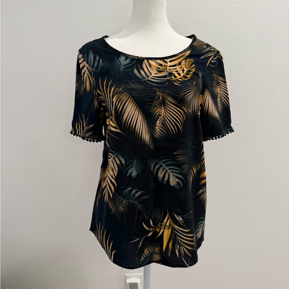 Women's Black and Gold Leaf Print Top